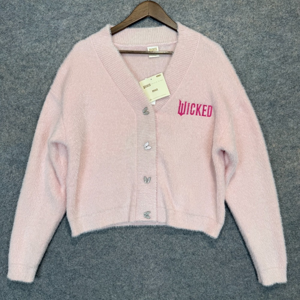Wicked x Katie Lime Cardigan Sweater Womens Large Butterfly Button Cozy Pink NEW